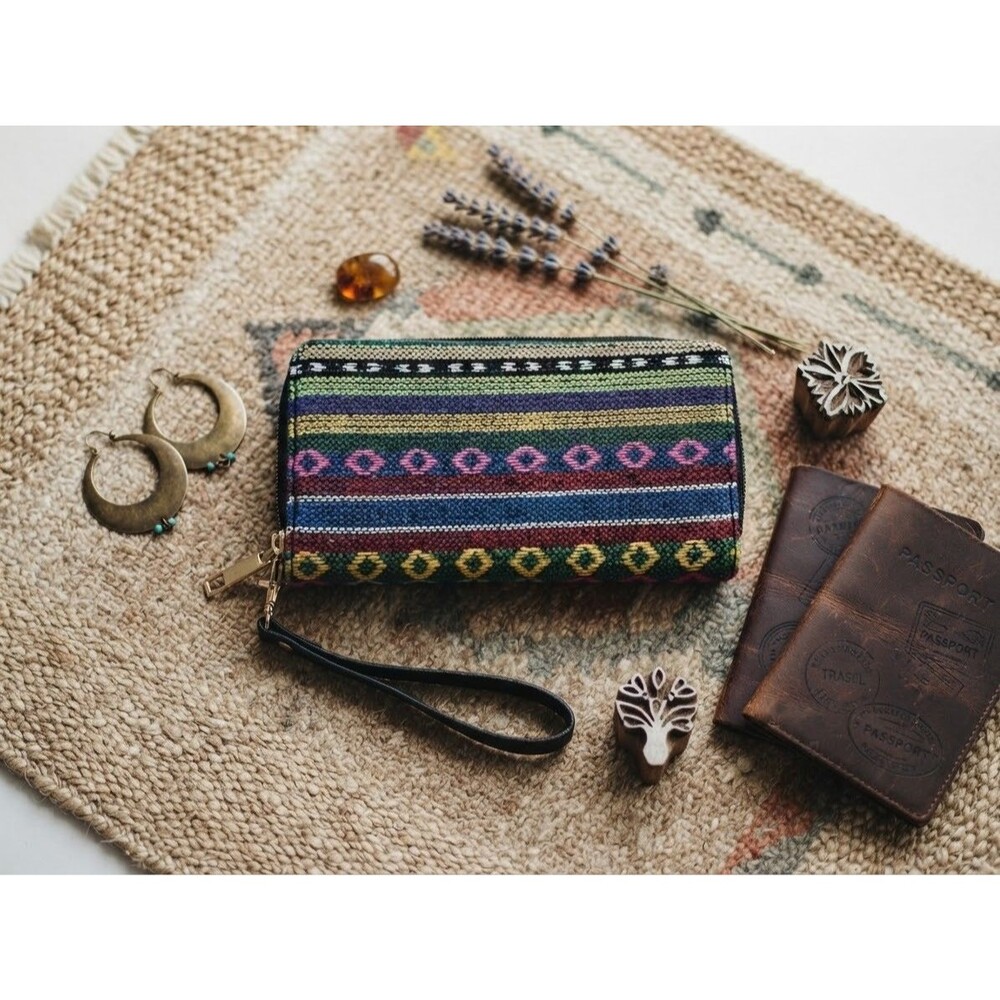 Boho Aztec Geometric Woven Zip Around Long Wallet Wristlet Multi-Color Clutch
